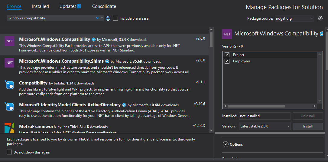 adding the windows compatibilty pack to the project
