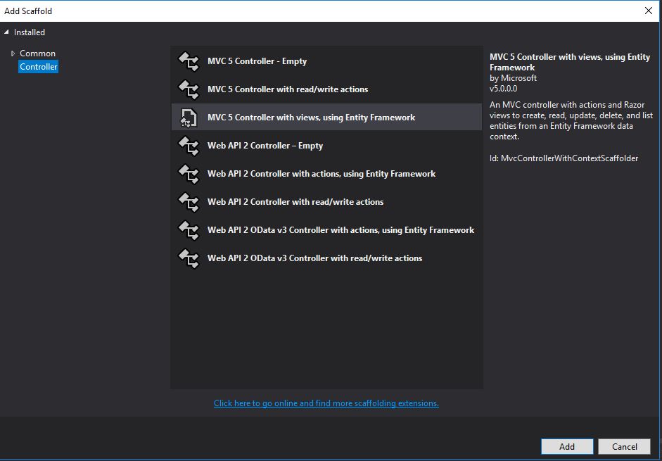 choosing the scaffold for the MVC 5 controller with views, using Entity Framework