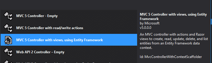 adding a controller with entity framework