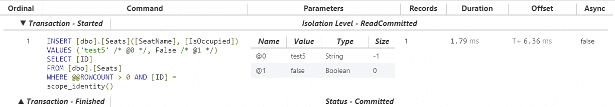 INSERT log for glimpse entity framework