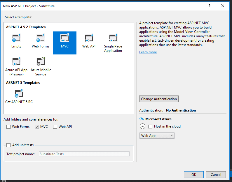 creating a new mvc 5 project