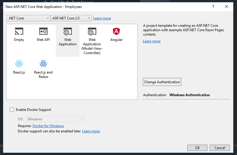 changing the authentication type to windows
