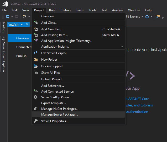 asp.net core manage bower packages menu item