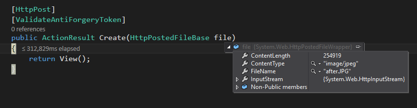 inspecting the single file upload parameter in mvc