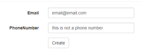 example of bad input in the phone number field