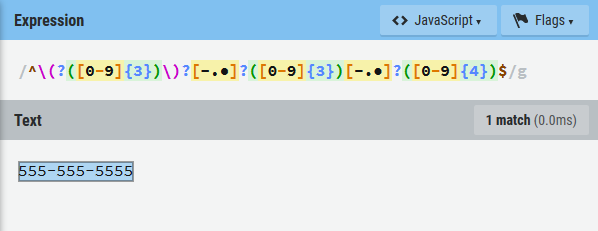 testing out our regular expression for validating phone numbers in ASP.NET