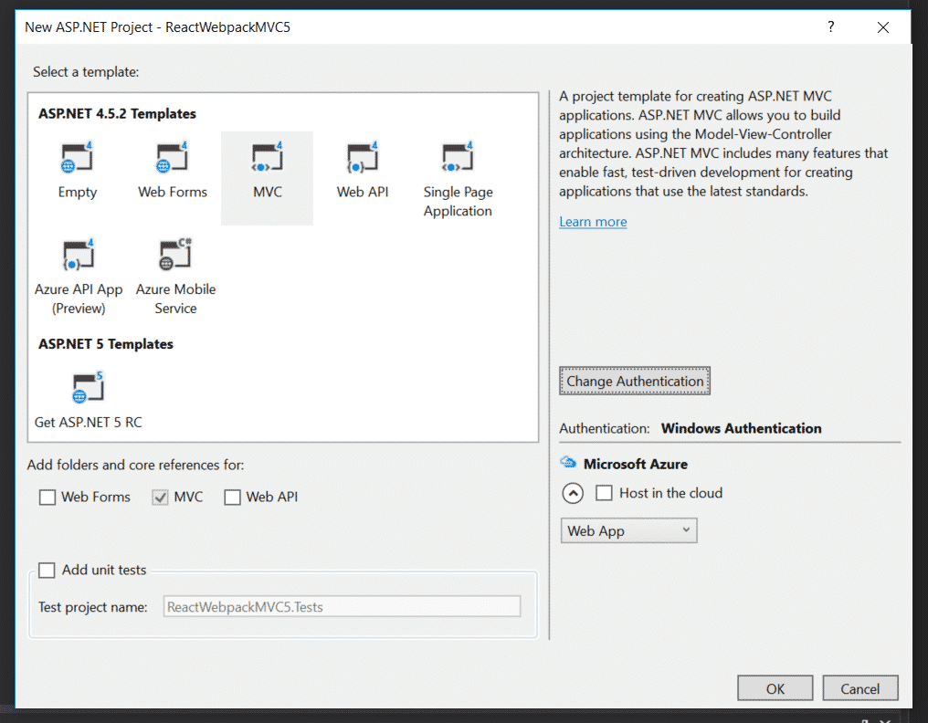 creating a new project with windows authentication